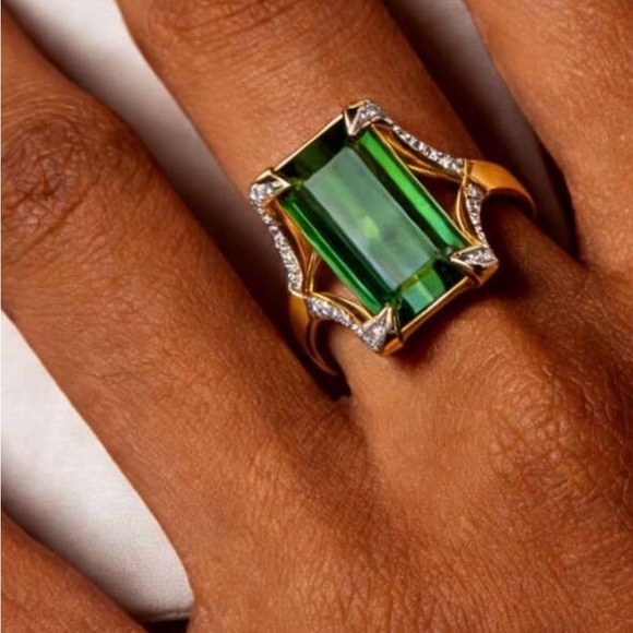 Gold Ring with Green Emerald-Cut Stone and Pavé Accents - Picture 3 of 4
